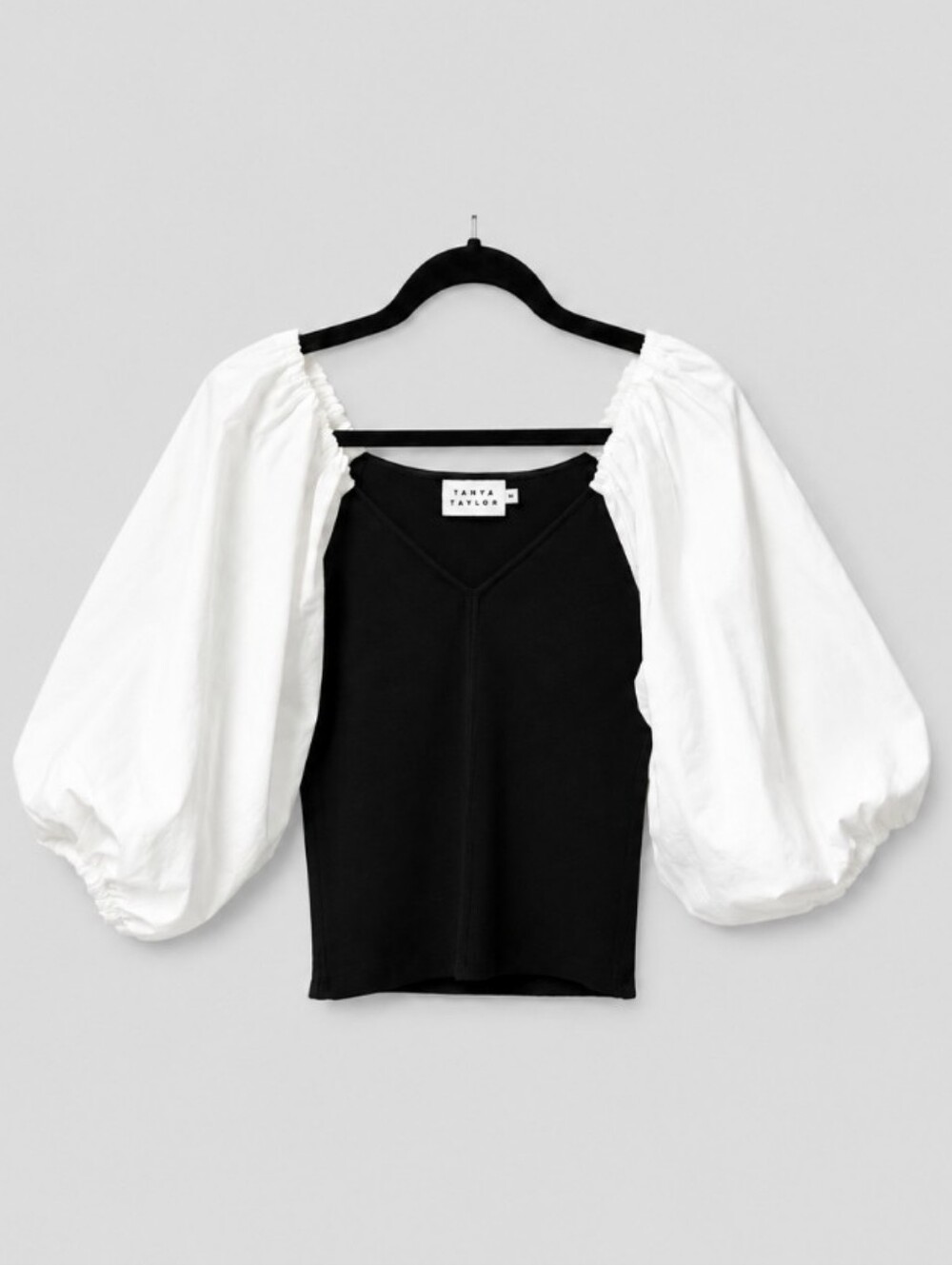 TANYA TAYLOR Misha Knit V-Neck Balloon Sleeve Blouse, Black & White SZ Medium